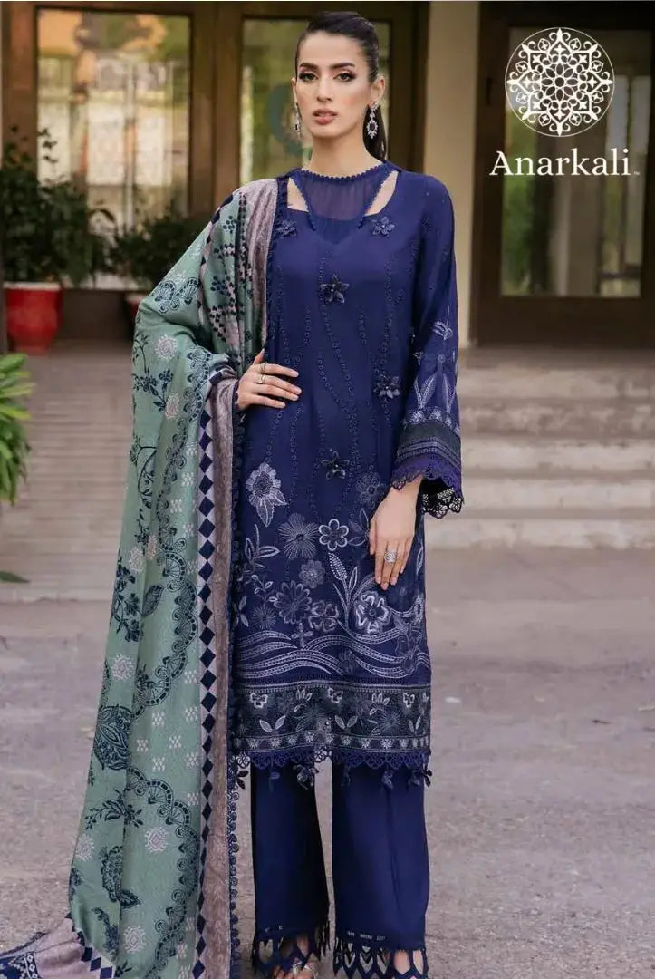 Nureh Exclusive Embroidered 3Piece Stitched Suit (Blue)