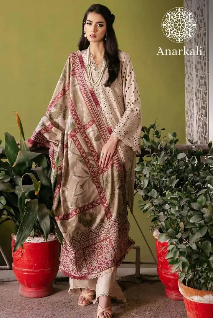 Nureh Exclusive Embroidered 3Piece Stitched Suit (Off White)