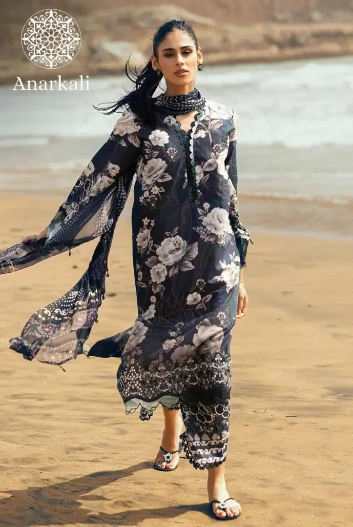 Nureh Gardenia Embroidered Chikankari Collection 3Piece Stitched Suit (Black)