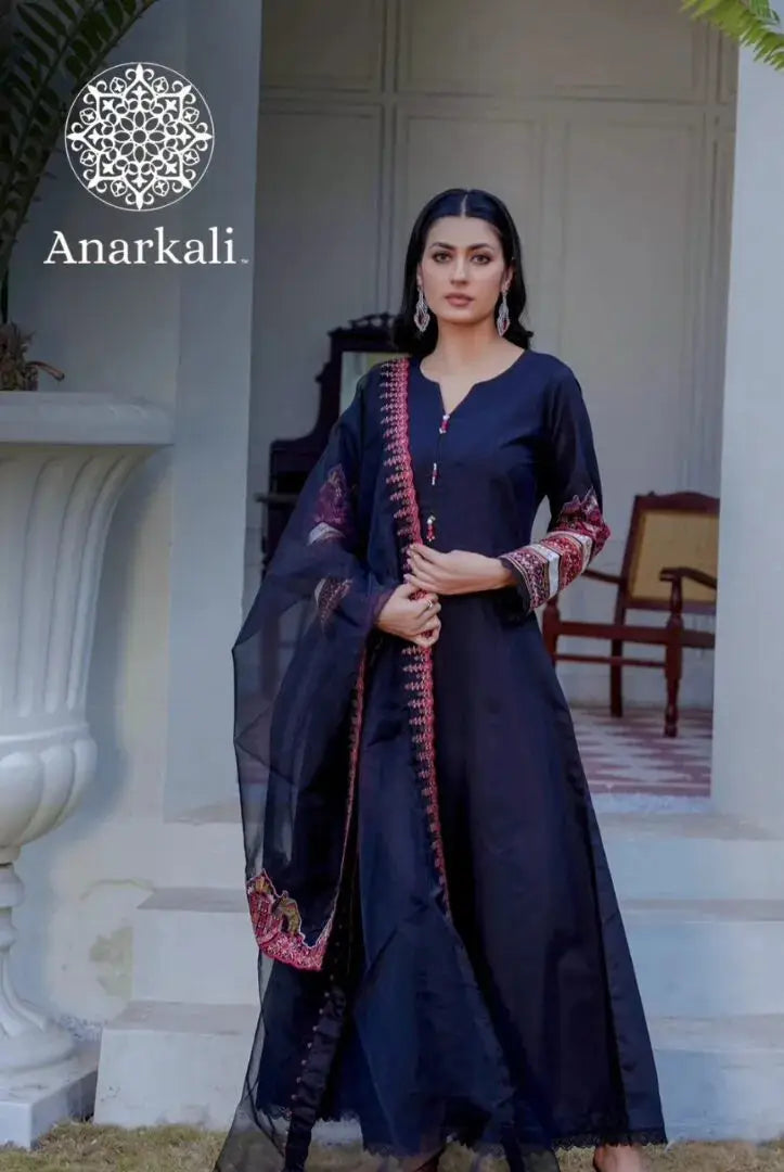 Qaus-e-Qaza Eid Collection 3Piece Stitched Suit (Dark Blue)