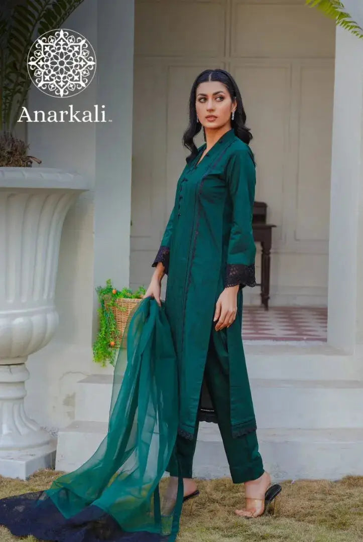 Qaus-e-Qaza Eid Collection 3Piece Stitched Suit (Dark Green)