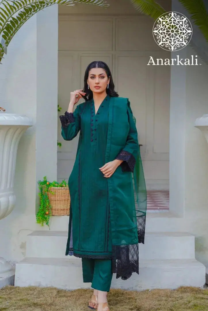 Qaus-e-Qaza Eid Collection 3Piece Stitched Suit (Dark Green)