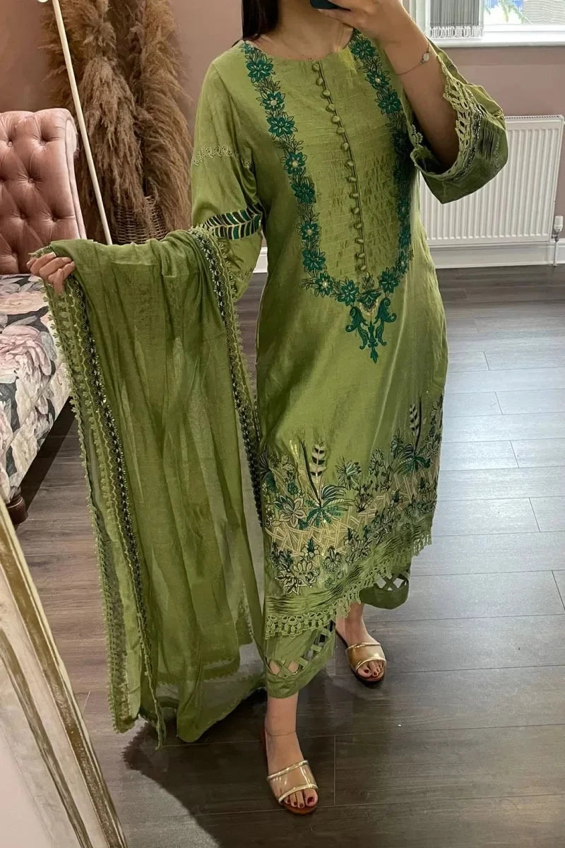 Sakhyaan By Qaus-e-Qaza 3 Piece Embroidered Stitched Suit - Green
