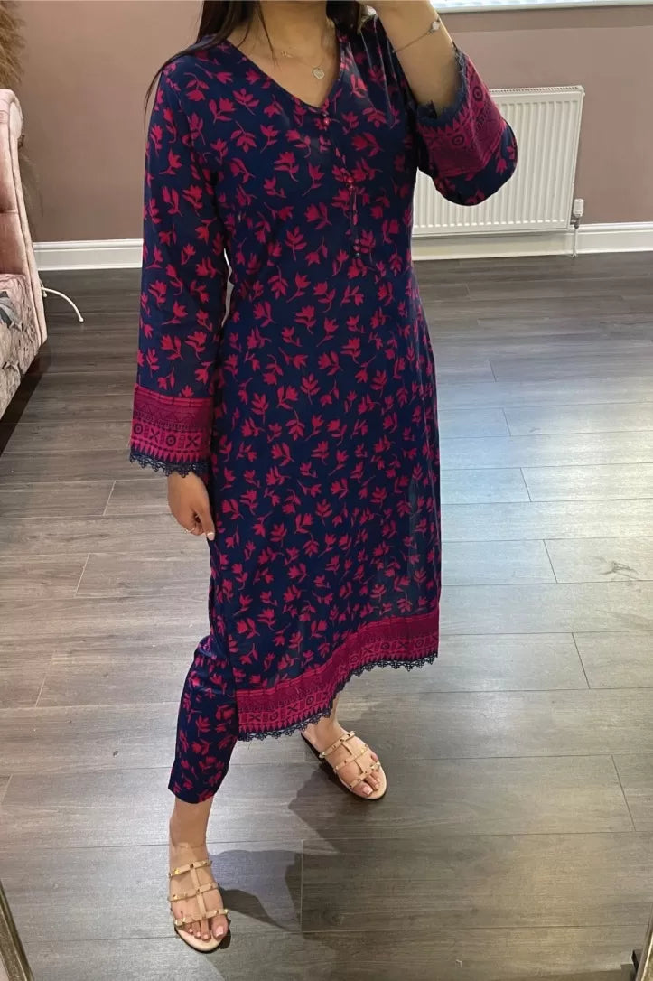 Qaus-e-Qaza Co-Ords 2 Piece Suit - Blue and Hot Pink