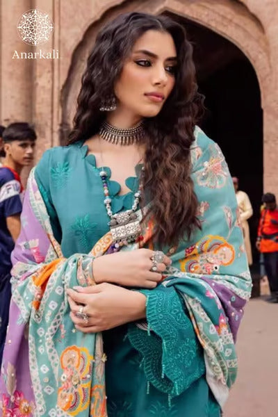 Nureh Bazaar | 3Piece Stitched Chikankari Khaddar with Embroidered Mukesh Work Shawl Suit - 05